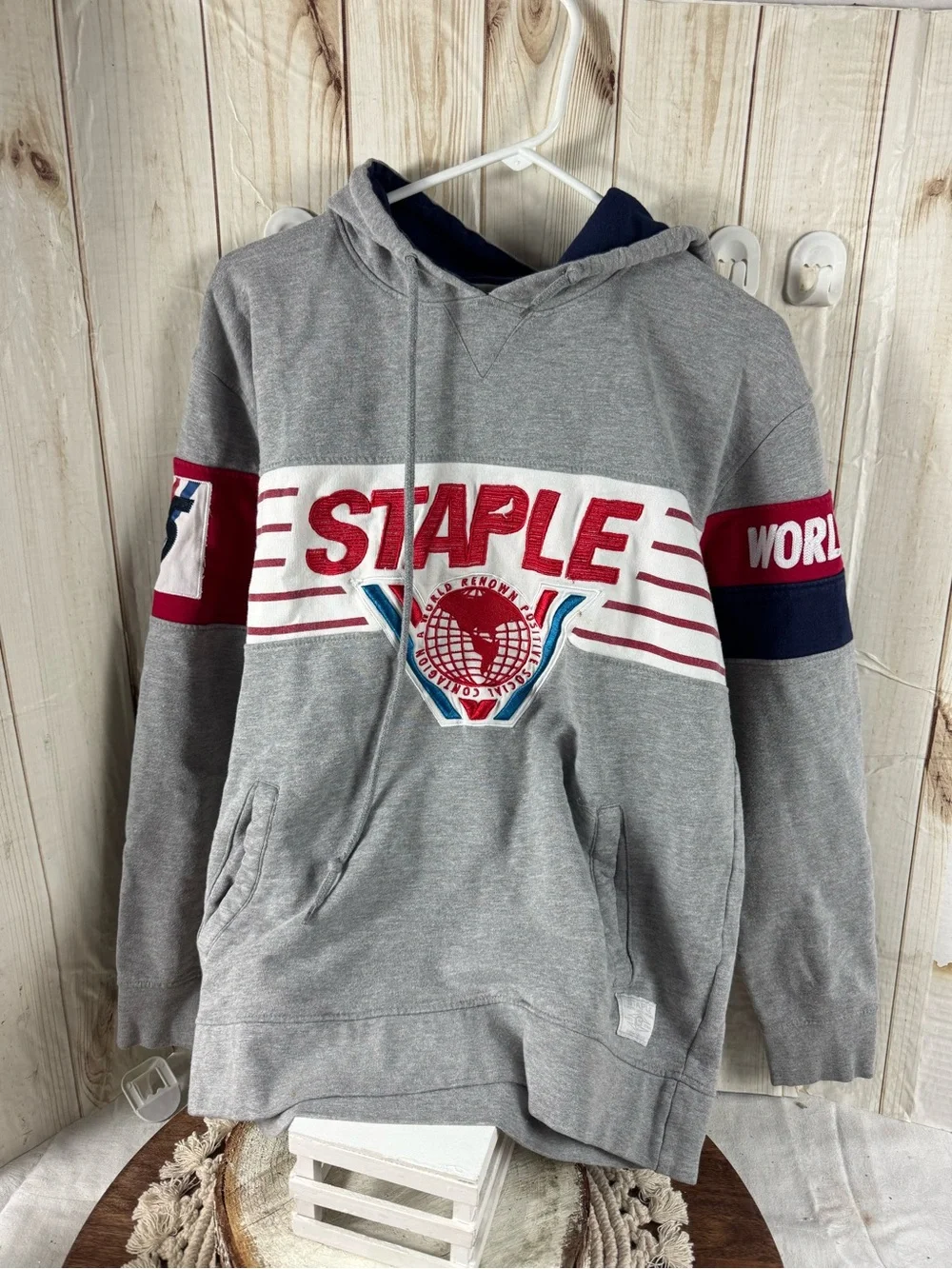 Staple Grey Hoodie with Red & Navy Accents size L.